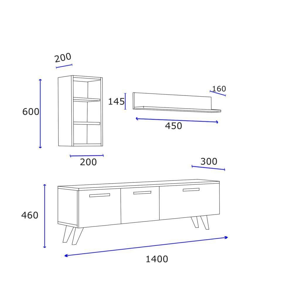 TV Lowboard 140 cm stehend – Eiche – mit Wandregalen | Roma