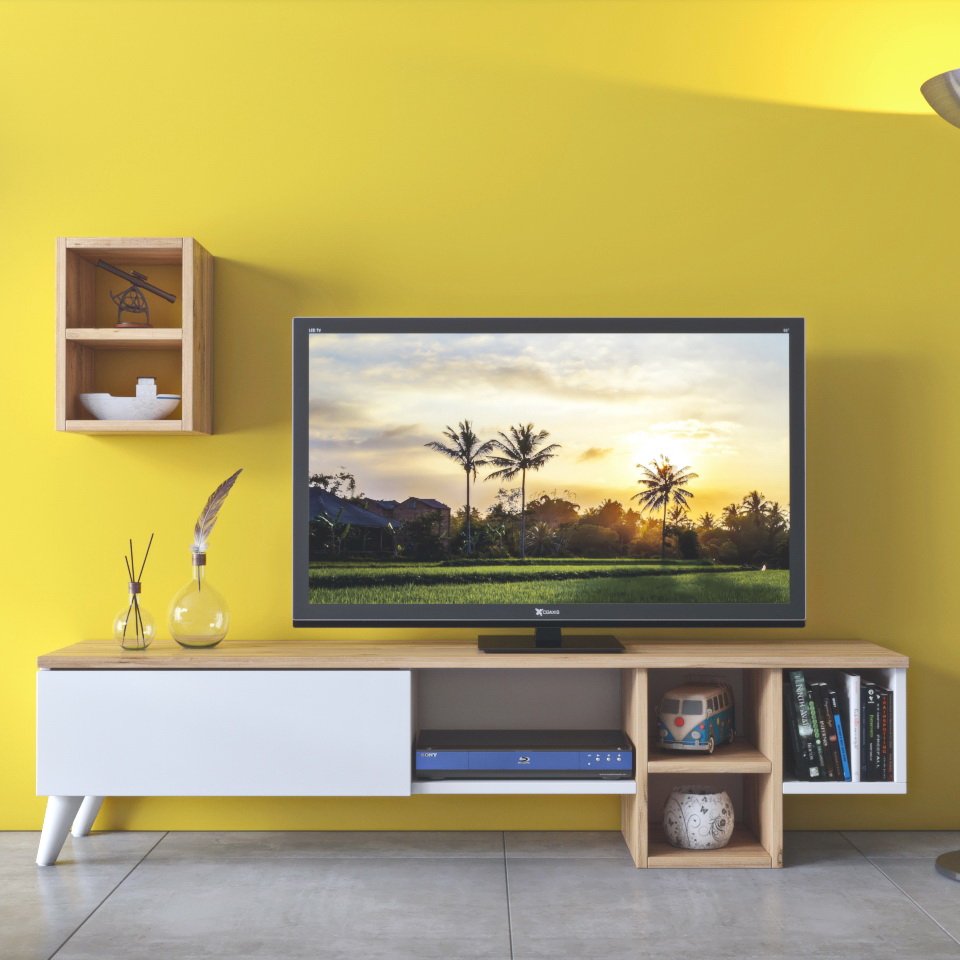 TV Lowboard 140 cm stehend – Weiß – Eiche mit Wandregal | Fredo