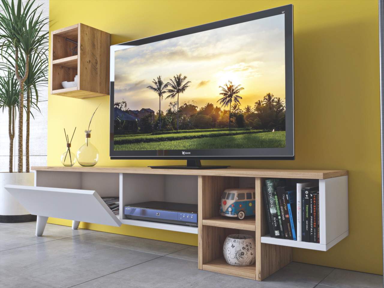 TV Lowboard 140 cm stehend – Weiß – Eiche mit Wandregal | Fredo