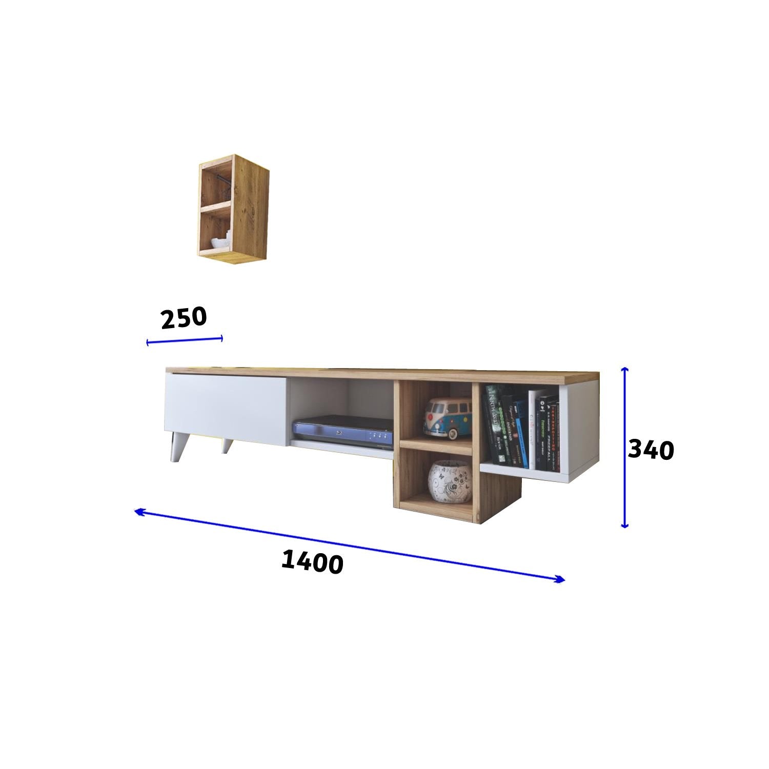 TV Lowboard 140 cm stehend – Weiß – Eiche mit Wandregal | Fredo