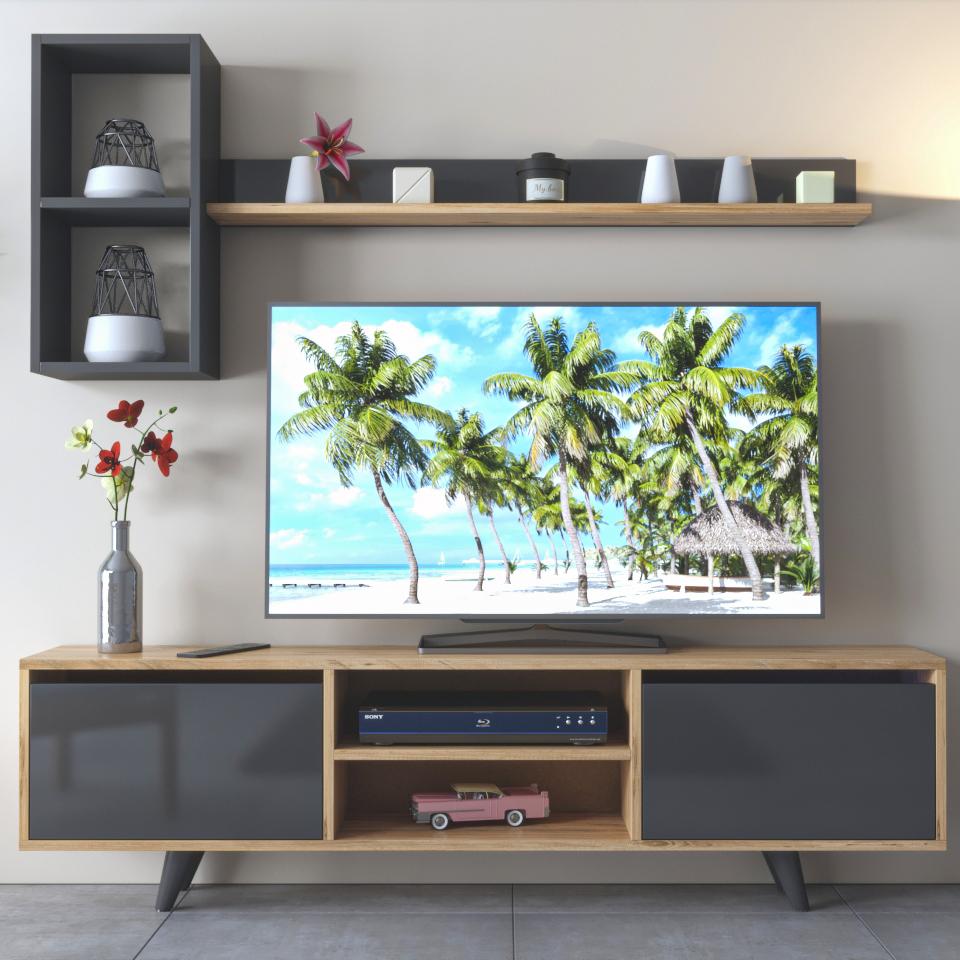 TV Lowboard 160 cm stehend – Anthrazit – Eiche mit Wandregalen | Vaboni