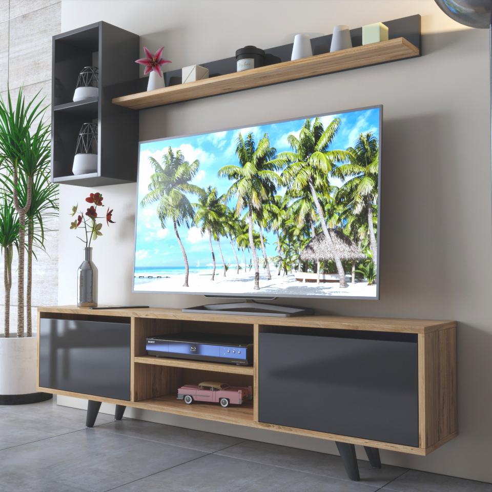 TV Lowboard 160 cm stehend – Anthrazit – Eiche mit Wandregalen | Vaboni