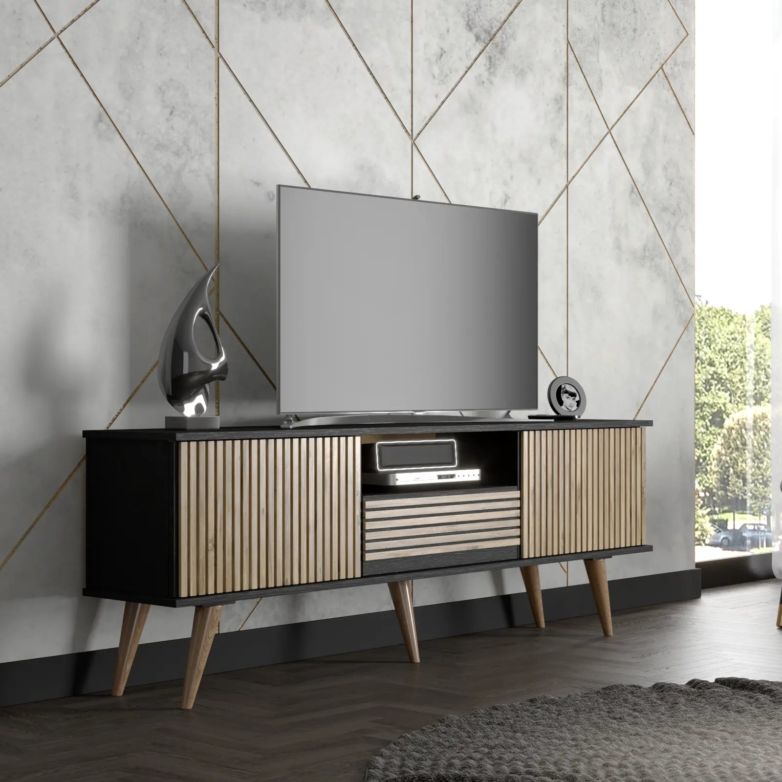 TV Stand 180 cm Slatted wall panel style | Tibro