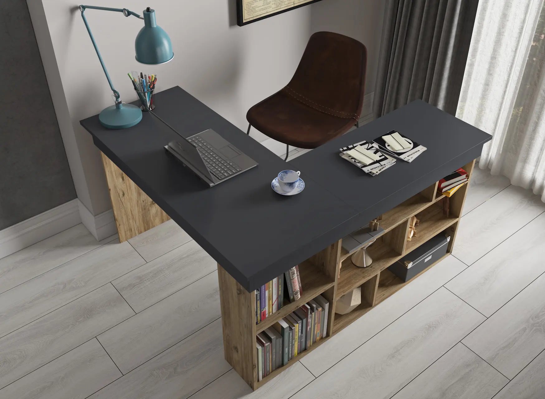 Home-Office-Schreibtisch L-Form Eiche Anthrazit | Hannerup