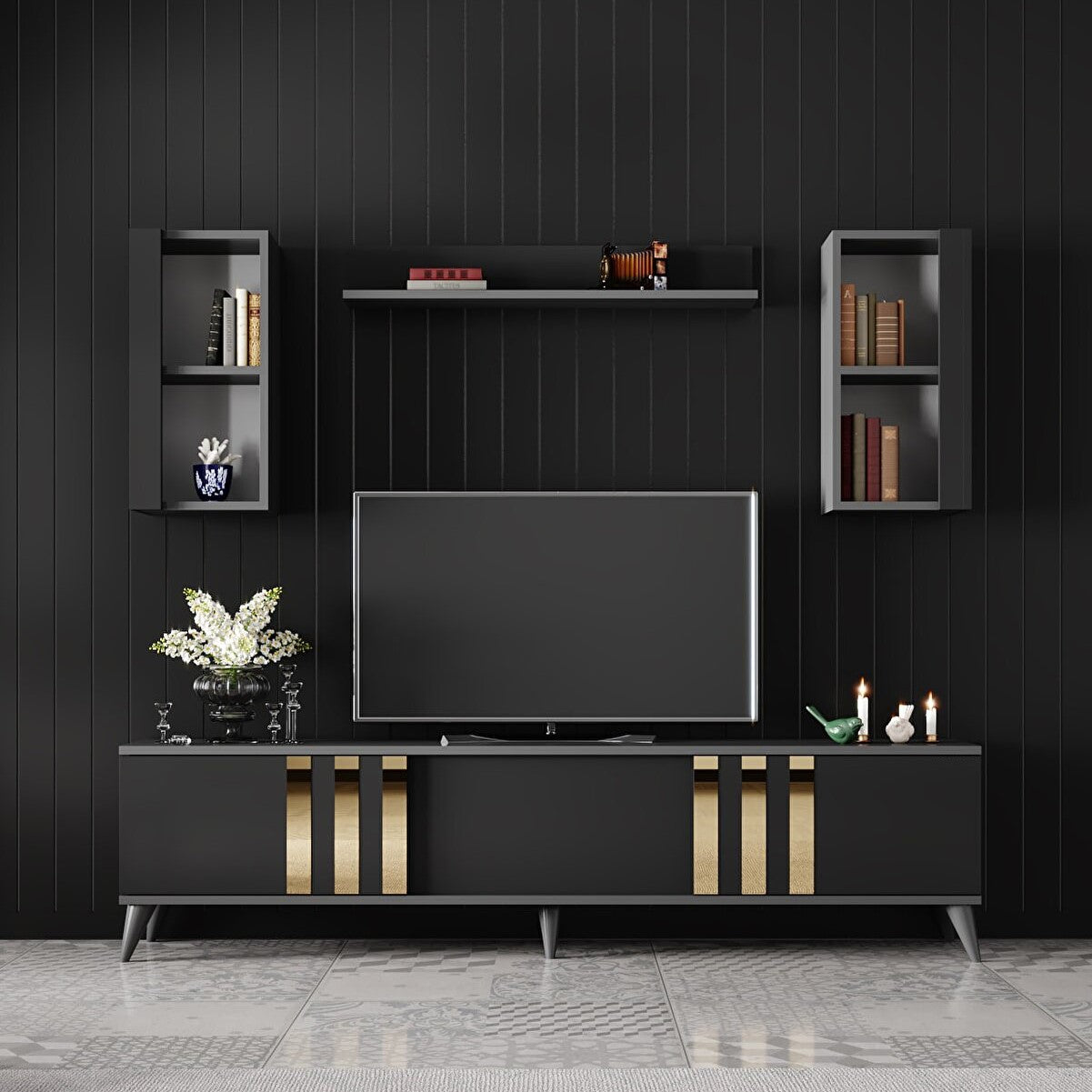 TV stand with wall cabinets 180 cm | Milano Black