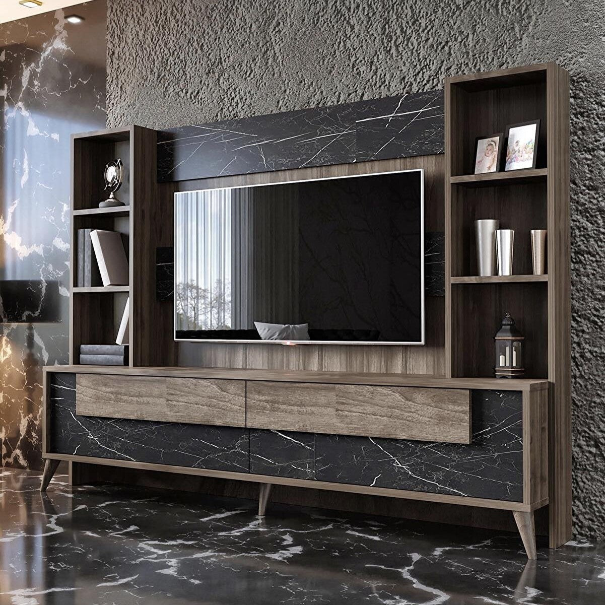 TV stand with wall cabinets 184 cm Marble Wood | Grindelwald